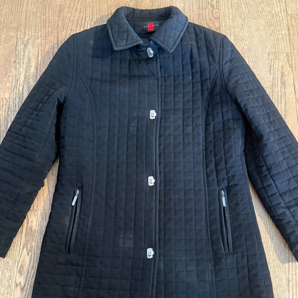 GALLERY NEW YORK BLACK QUILTED COAT TURN LOCK JACKET MID LENGTH WOMENS M?